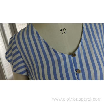 Blue Stripe V Shirt Short Sleeve Waist Top